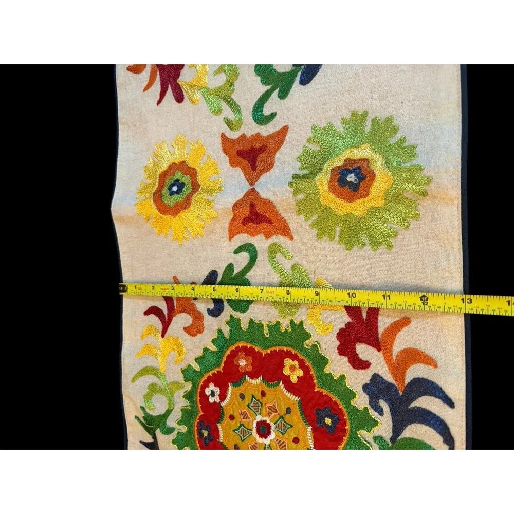 Pier 1 40x13” Primary Color Embroidered Table Runner Floral Design Cotton Linen